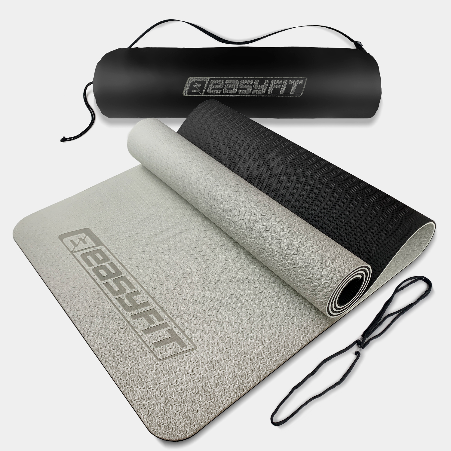 Килимок для йоги та фітнеса EasyFit TPE+TC 6мм двошаровий + Чохол сірий з чорним